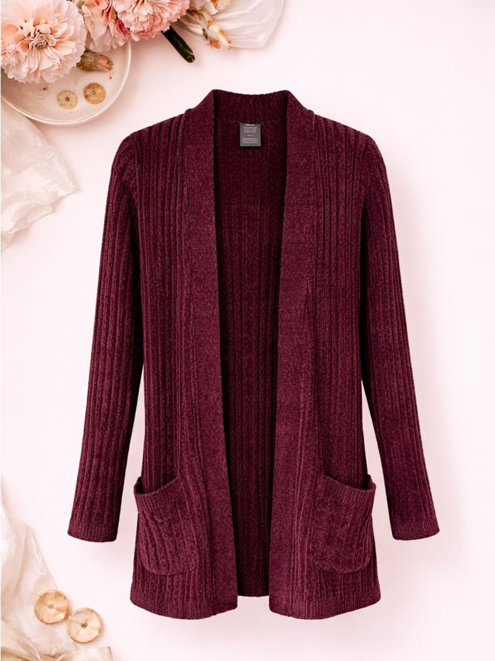 Matty M Women's Size Medium Plush Burgundy Open Front Cardigan Sweater